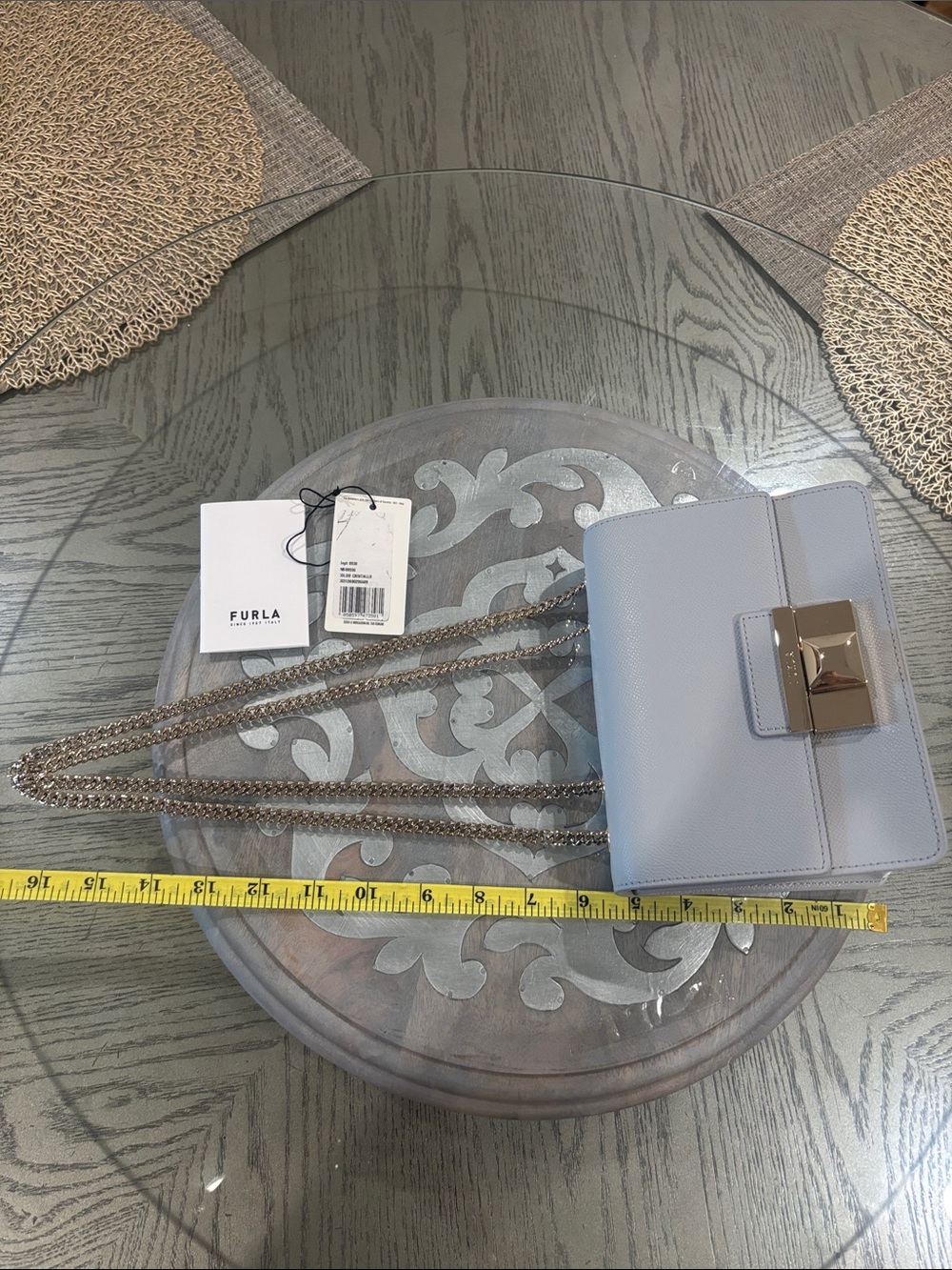 New Furla Light Gray Saffiano Leather Crossbody with Gold Chain/hardware & dusty - Picture 9 of 13